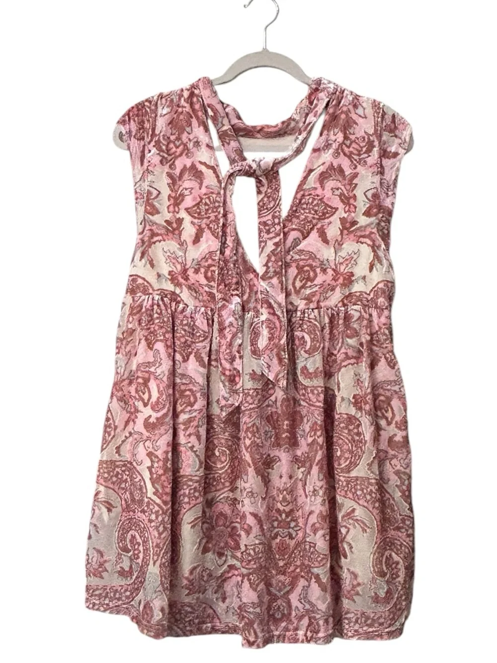 Free People All The Time Velvet Pink Paisley Boho Mini Dress Size XS Oversized